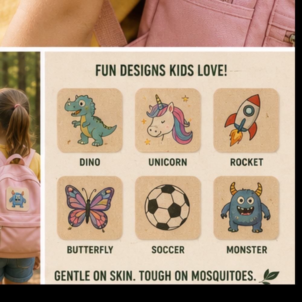 Wild Bunch Naturals kids patch designs — dino, unicorn, rocket, butterfly, soccer, monster