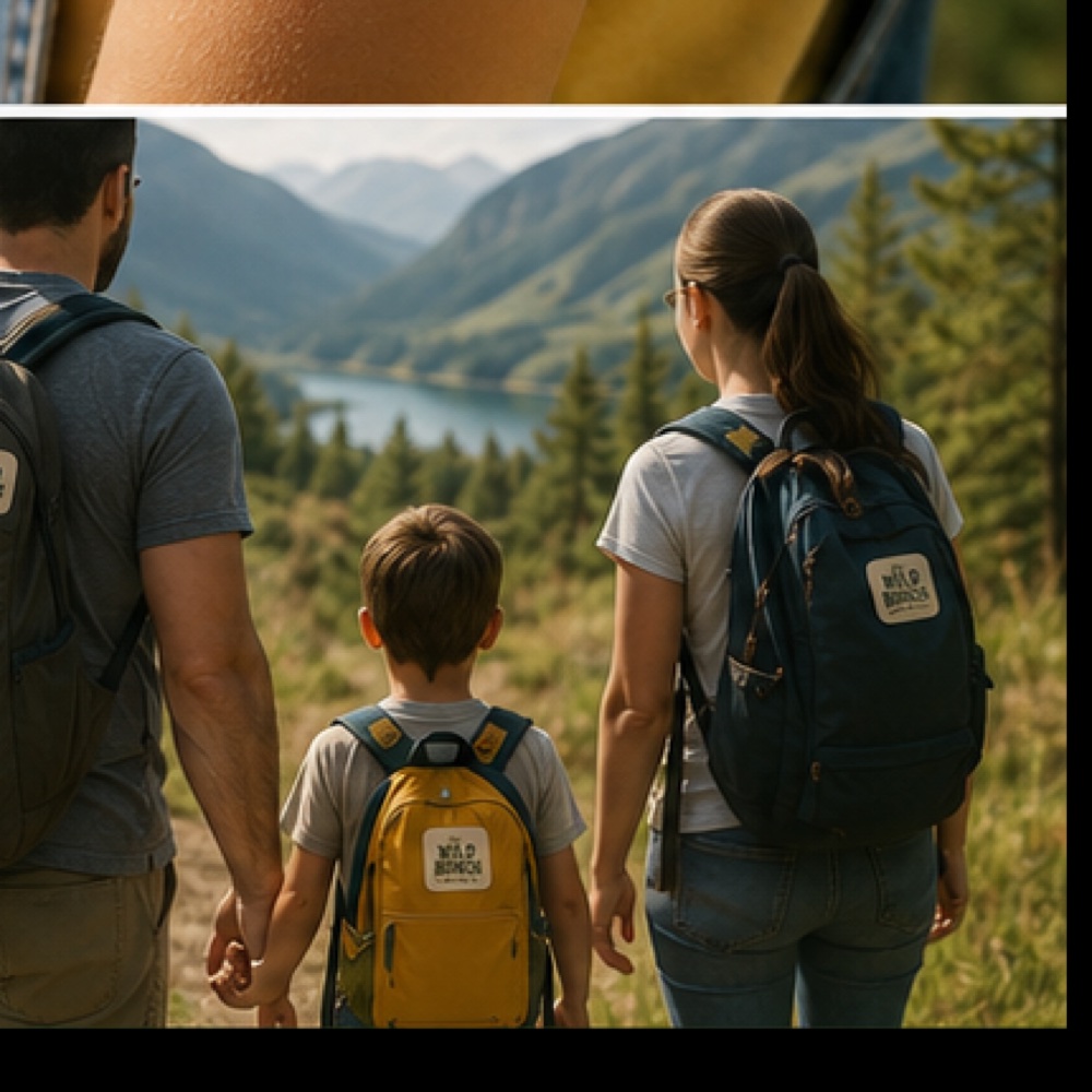 Family hiking with Wild Bunch Naturals patches on their backpacks